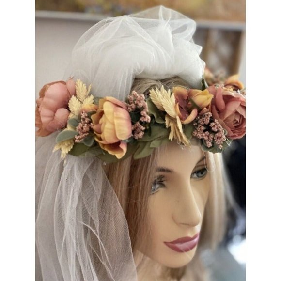 Vintage Bridal Wedding Hair Accessory Crown Earth Tones Boho Unique Handmade 70s - Picture 6 of 10